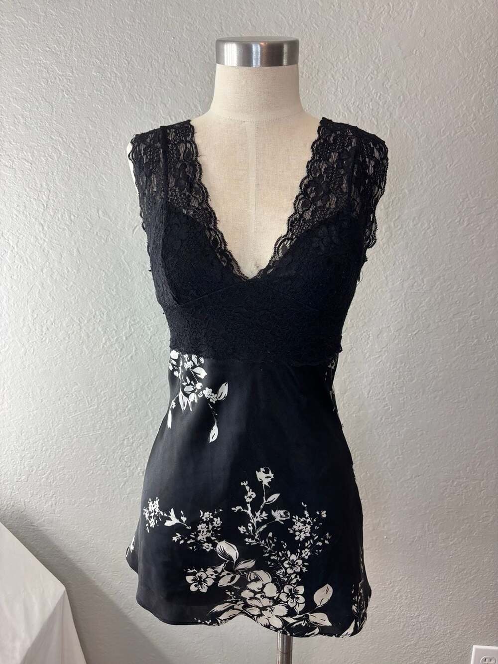Vintage Forever Floral Lace Trim Satin Camisole Top Black White by